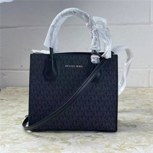 MICHAEL KORS 35T1SM9M MERCER MD SATCHEL MESSENGER MK SIGNATURE LEATHER BAG BLACK - Picture 3 of 8